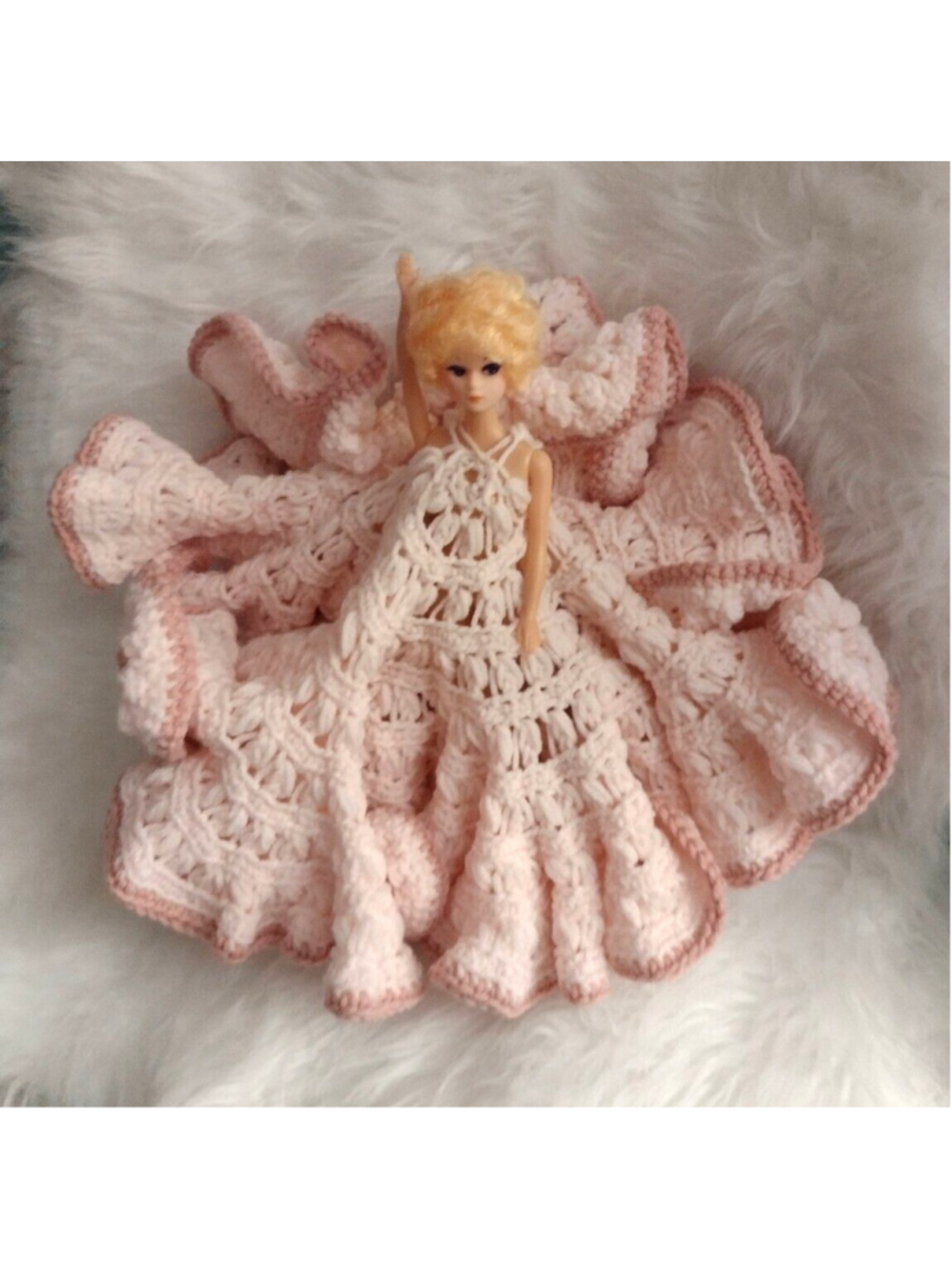 Barbie Size Dress Vintage Fashion Doll with Pink Crocheted Ballgown